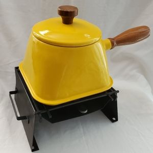 1970s Yellow enamel vintage fondue pot with stand